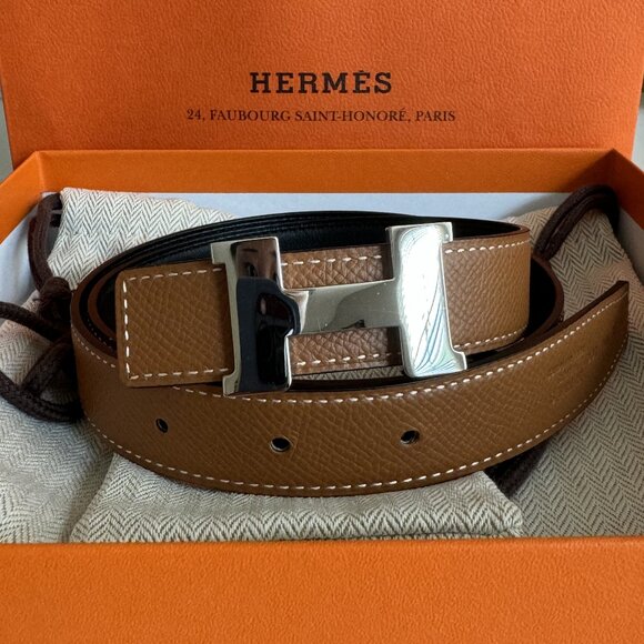 Hermes Reversible Leather Belt Strap with Hermes Mini H Belt